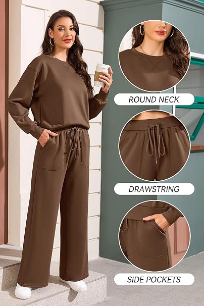 SHEKINI Women’s Lounge Wear Set – Long Sleeve Top and Matching Trousers, 2-Piece Tracksuit
