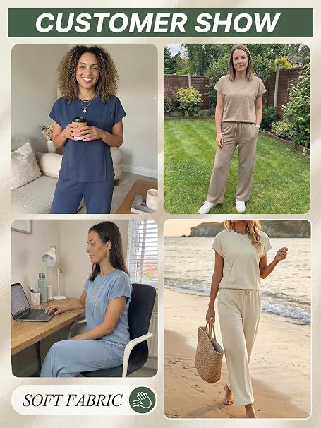 Famulily Women’s 2-Piece Summer Tracksuit Set – Pleated Crew Neck Top &amp; Wide-Leg Cropped Trousers with Pockets