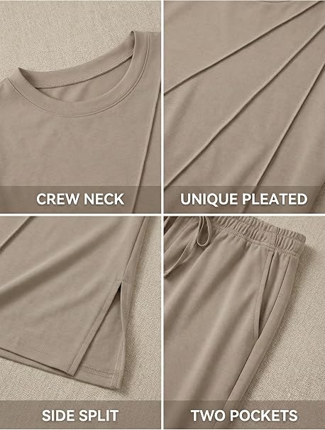 Famulily Women’s 2-Piece Summer Tracksuit Set – Pleated Crew Neck Top &amp; Wide-Leg Cropped Trousers with Pockets